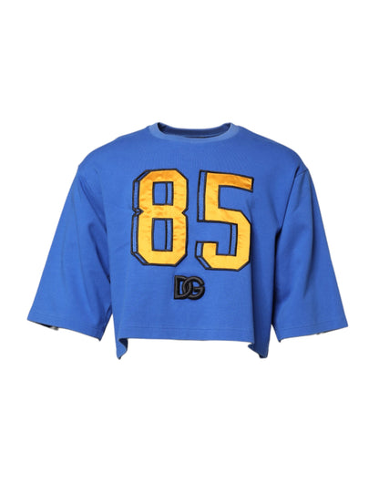 Blue Printed Cotton Cropped Crew Neck T-shirt