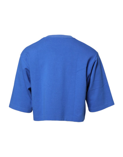 Blue Printed Cotton Cropped Crew Neck T-shirt