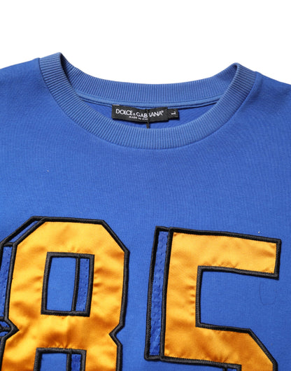 Blue Printed Cotton Cropped Crew Neck T-shirt