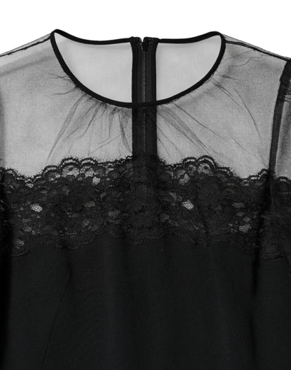 Black Lace Trim Nylon Tulle Sheath Midi Dress