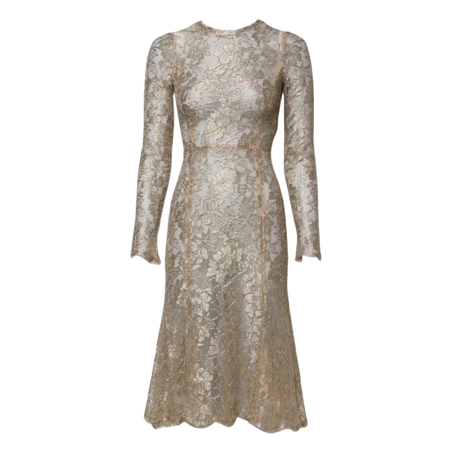 Gold Floral Lace Long Sleeves Fit & Flare Dress