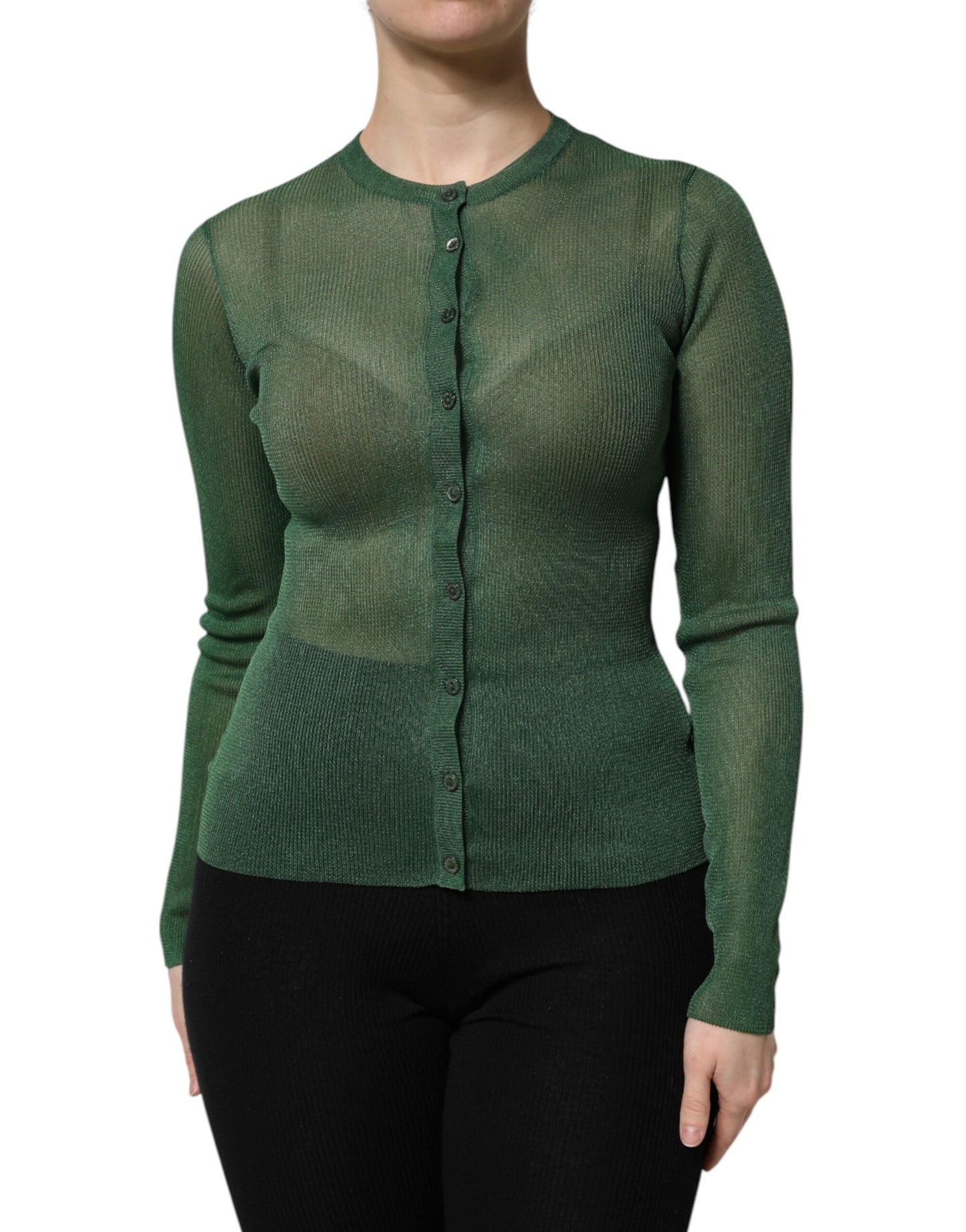 Green Polyester Long Sleeves Cardigan Sweater