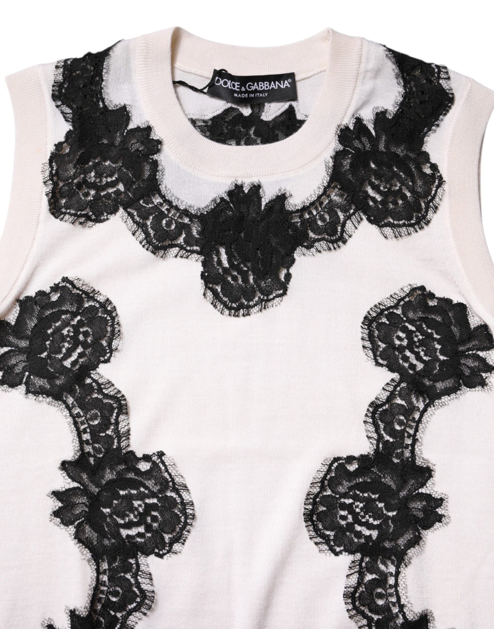 White Cashmere Floral Lace Detailing Tank Top