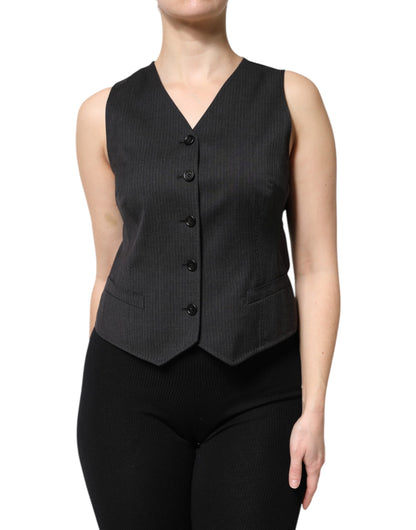 Black Striped Button Down Sleeveless Vest Top
