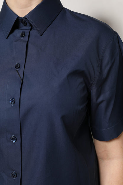 Blue Cotton Short Sleeves Button Down Top