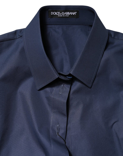 Blue Cotton Short Sleeves Button Down Top