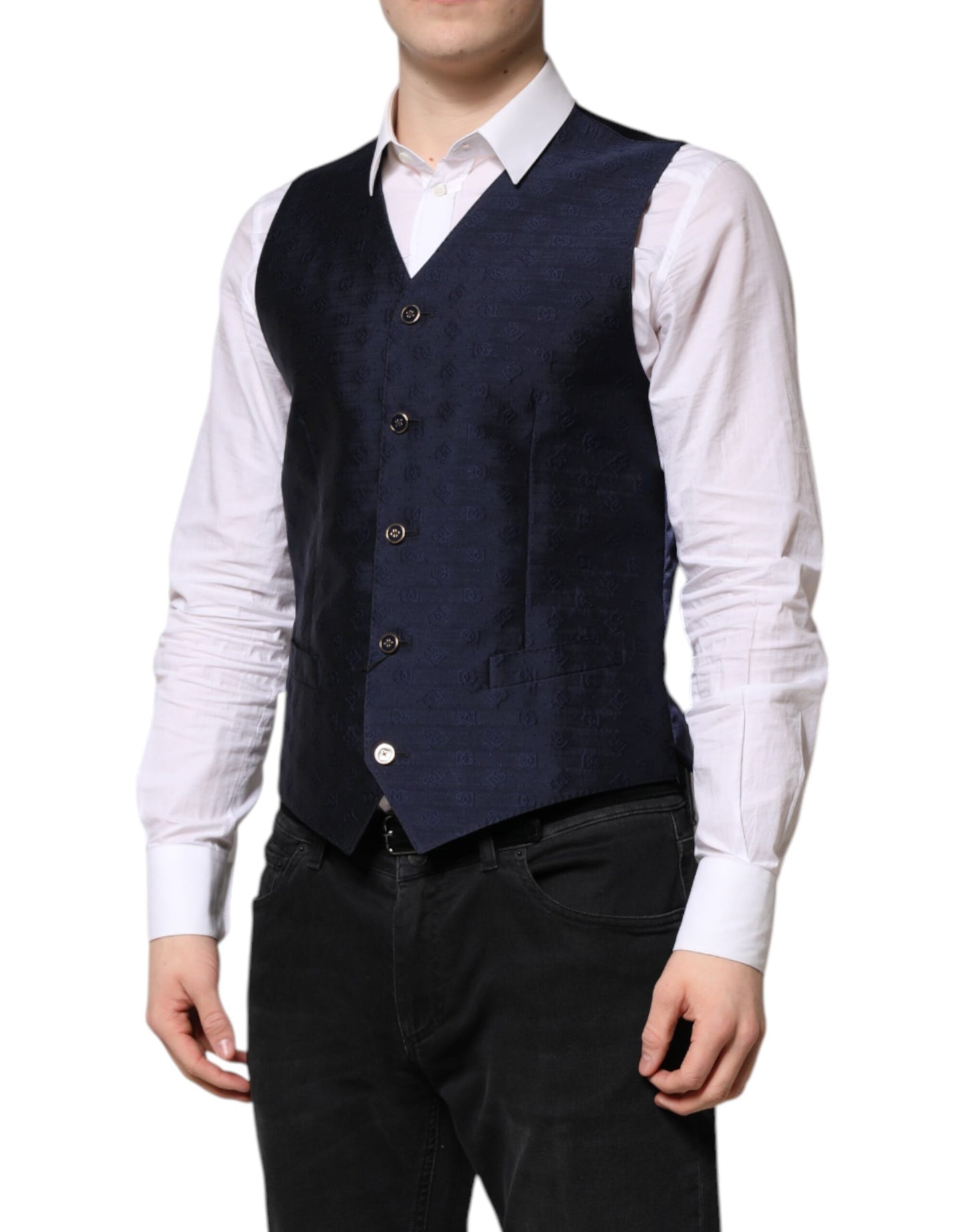 Dark Blue Logo Wool Formal Men Waistcoat Vest
