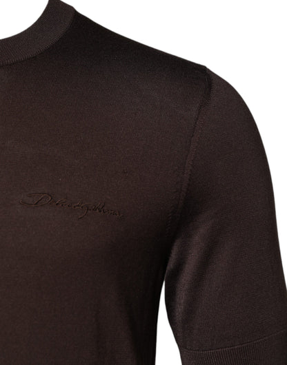 Brown Silk Logo Embroidery Crew Neck T-shirt