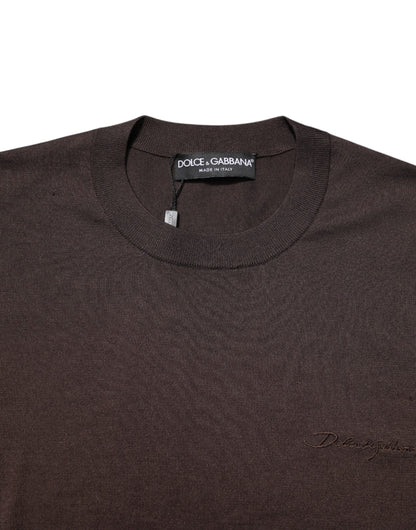 Brown Silk Logo Embroidery Crew Neck T-shirt
