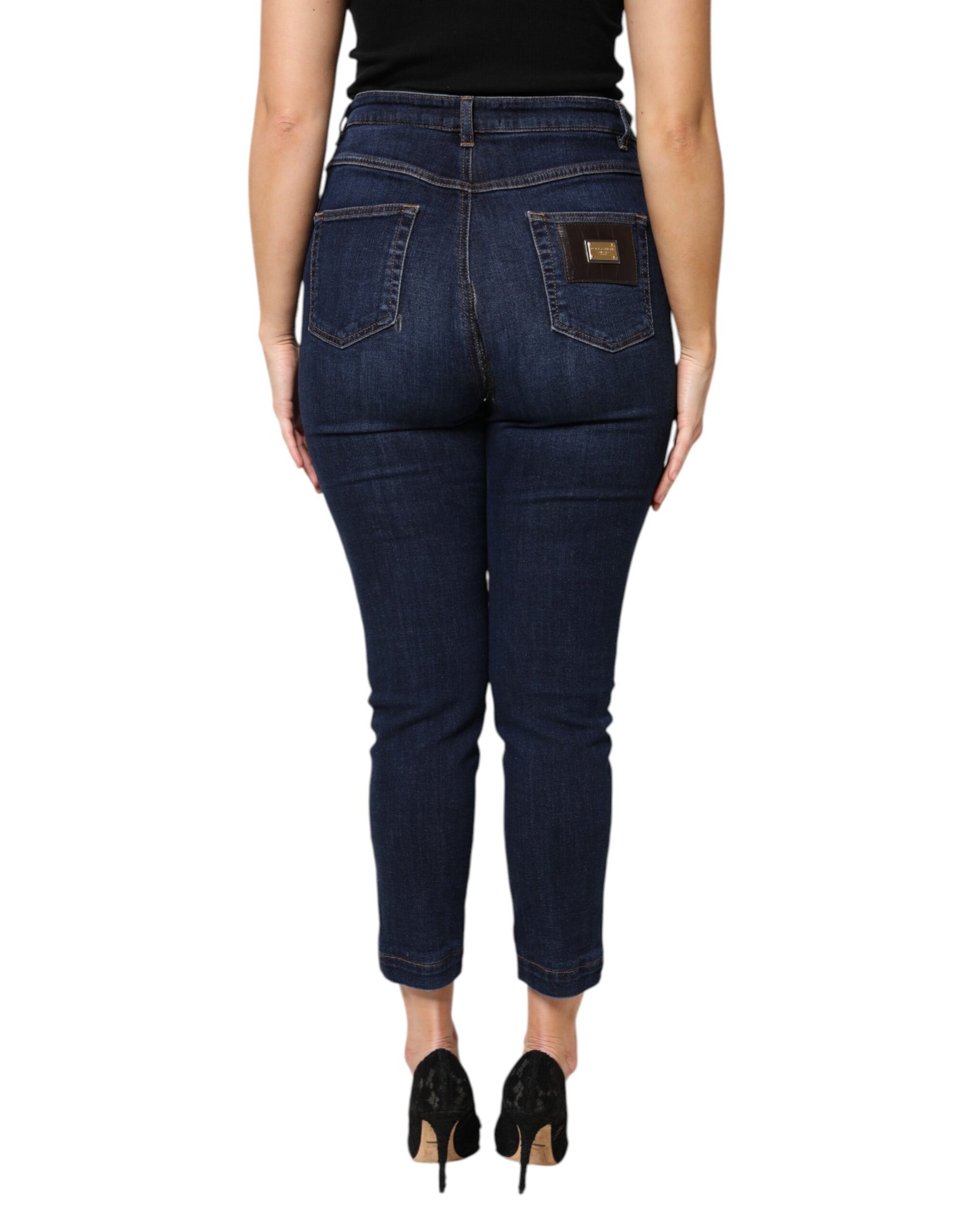Blue Cotton High Waisted Cropped Denim Jeans