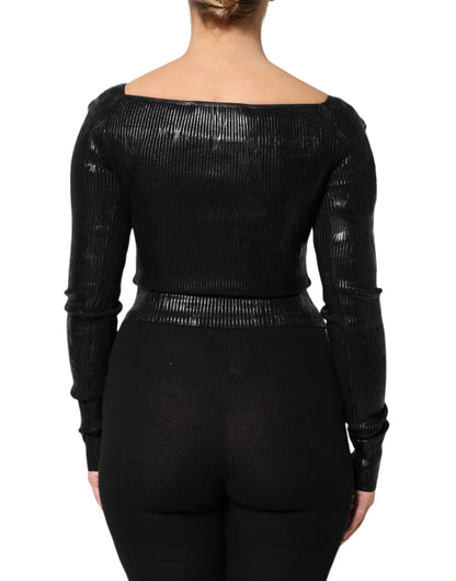 Black Viscose Long Sleeves Fitted Blouse Top