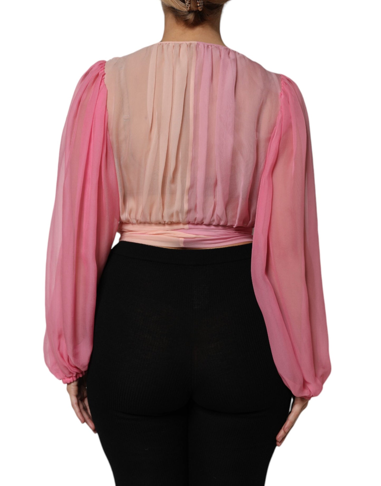 Pink Plunging V-neck Long Sleeves Blouse Top