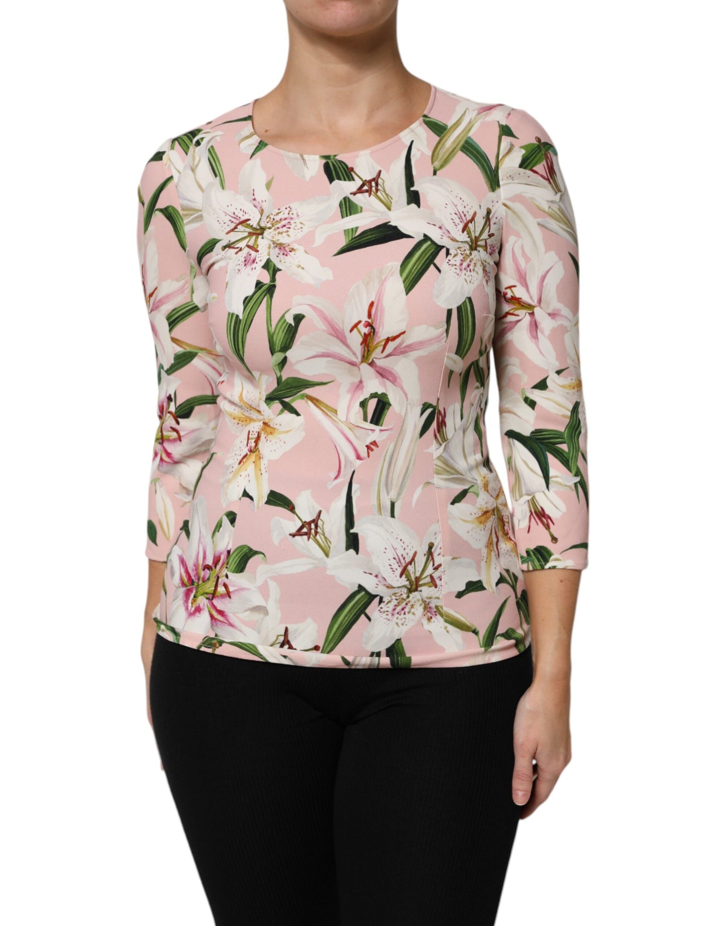 Pink Lily Print Viscose Round Neck Blouse Top