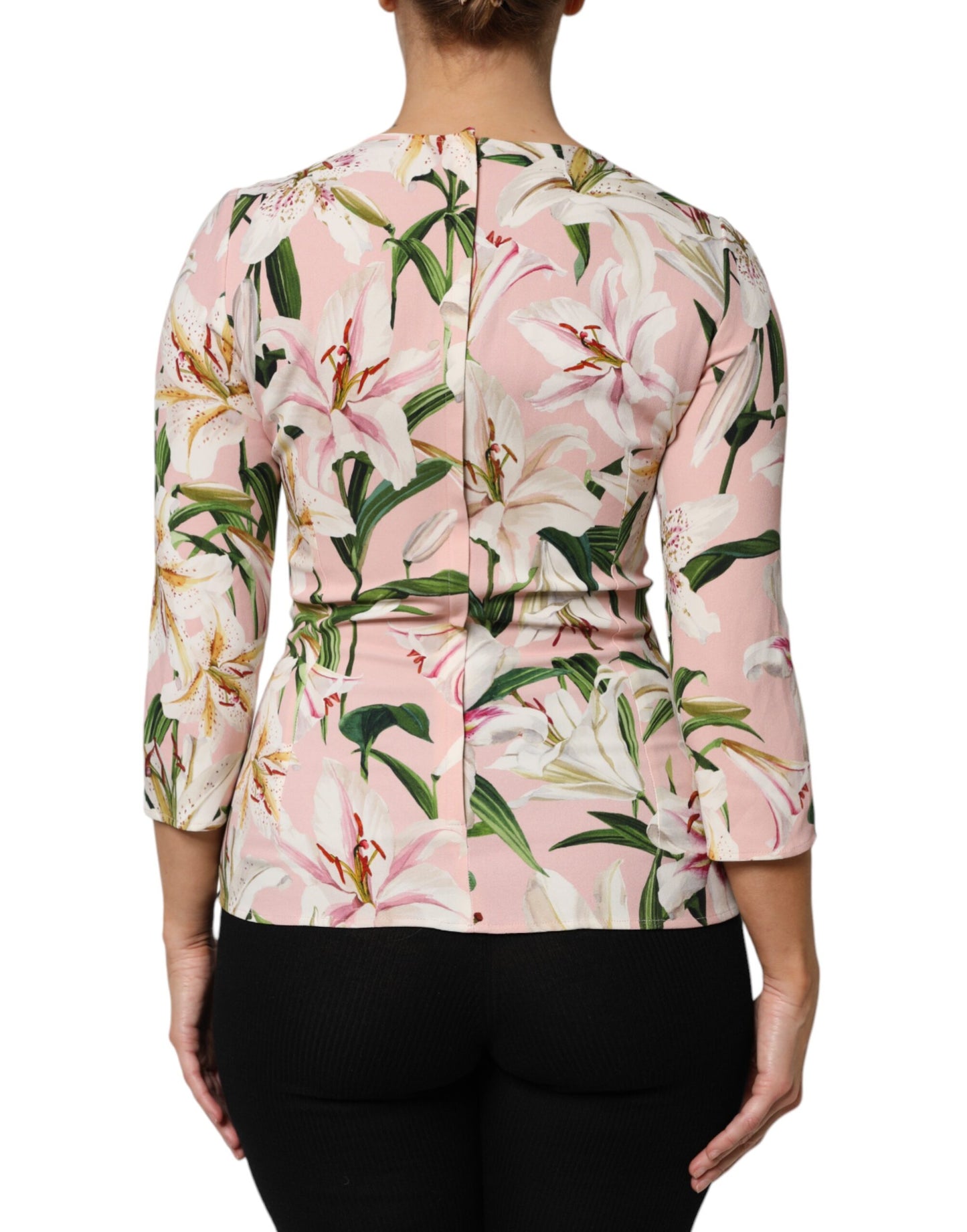 Pink Lily Print Viscose Round Neck Blouse Top