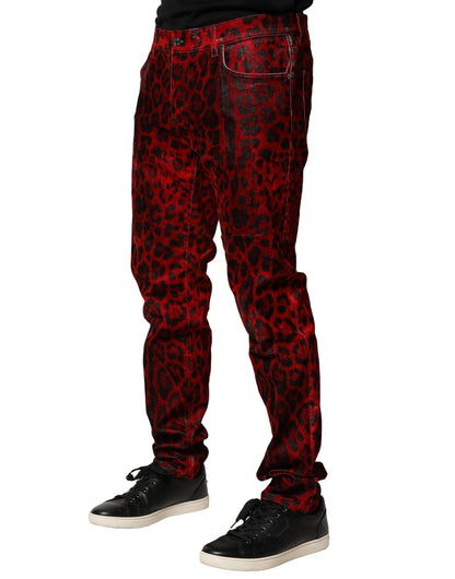 Red Leopard Print Cotton Skinny Denim Jeans
