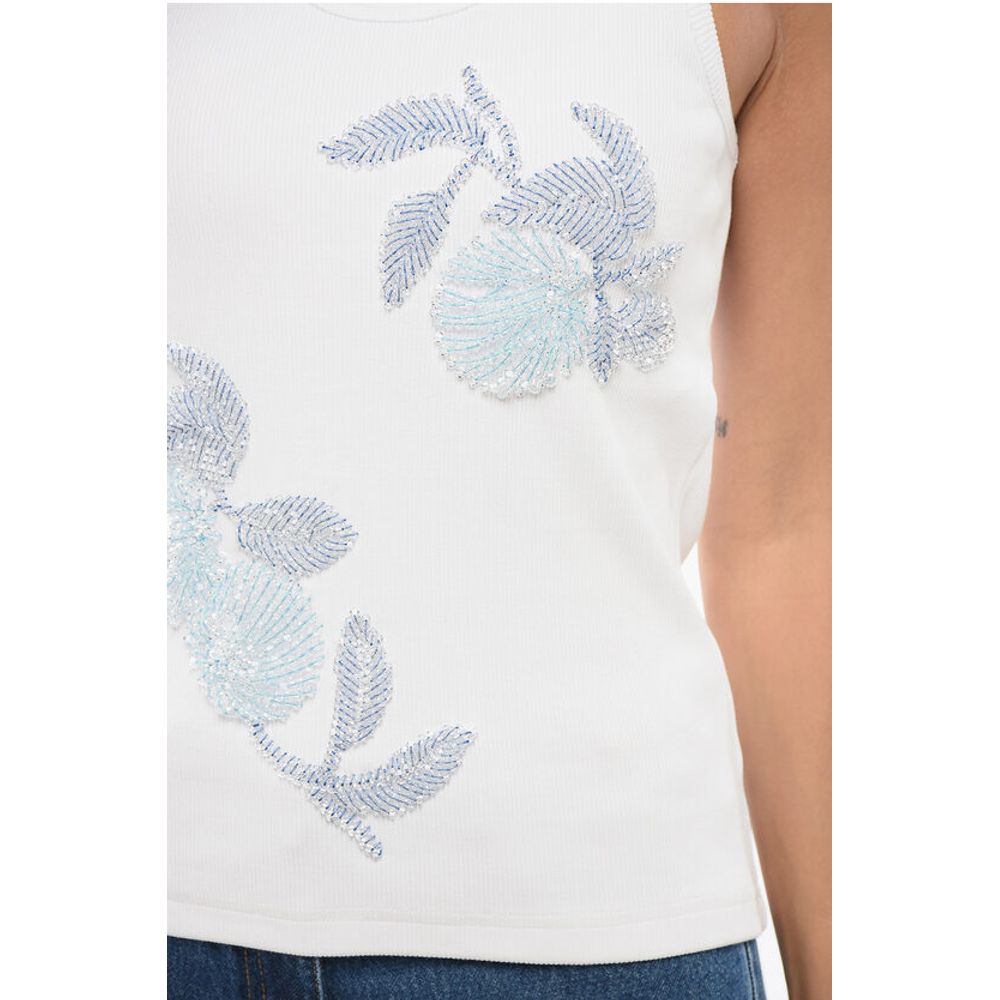 Ribbed Cotton Tank Top with Beaded Embroidery