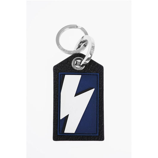 Keyring with Textured Leather Pendant and Thunderbolt Detail