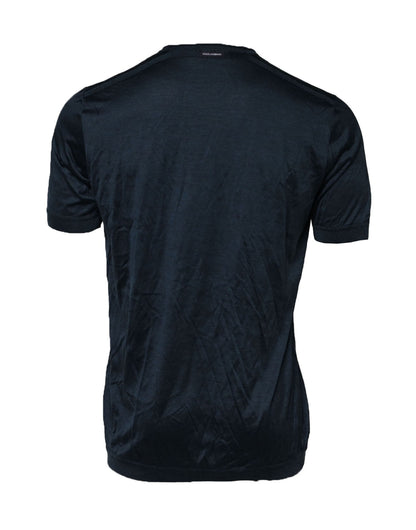 Dark Blue Silk Logo Patch Crew Neck T-shirt