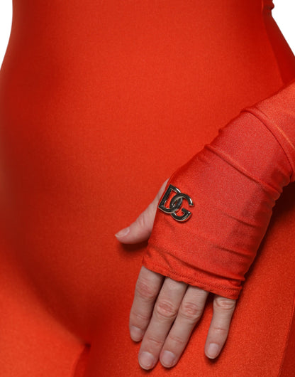 Red Nylon Turtleneck Bodycon Jumpsuit Dress