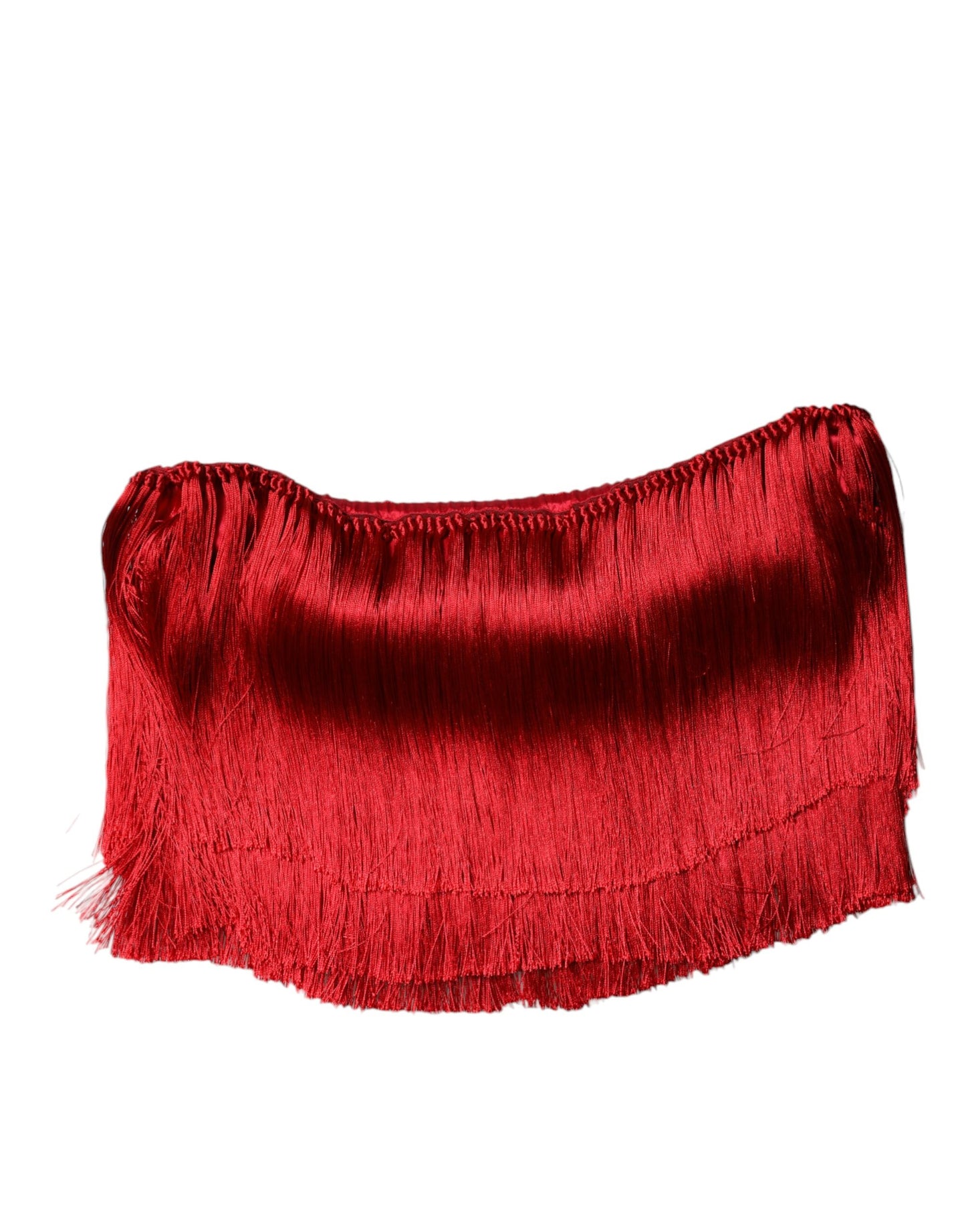 Red Silk Strapless Fringe Crop Tube Top