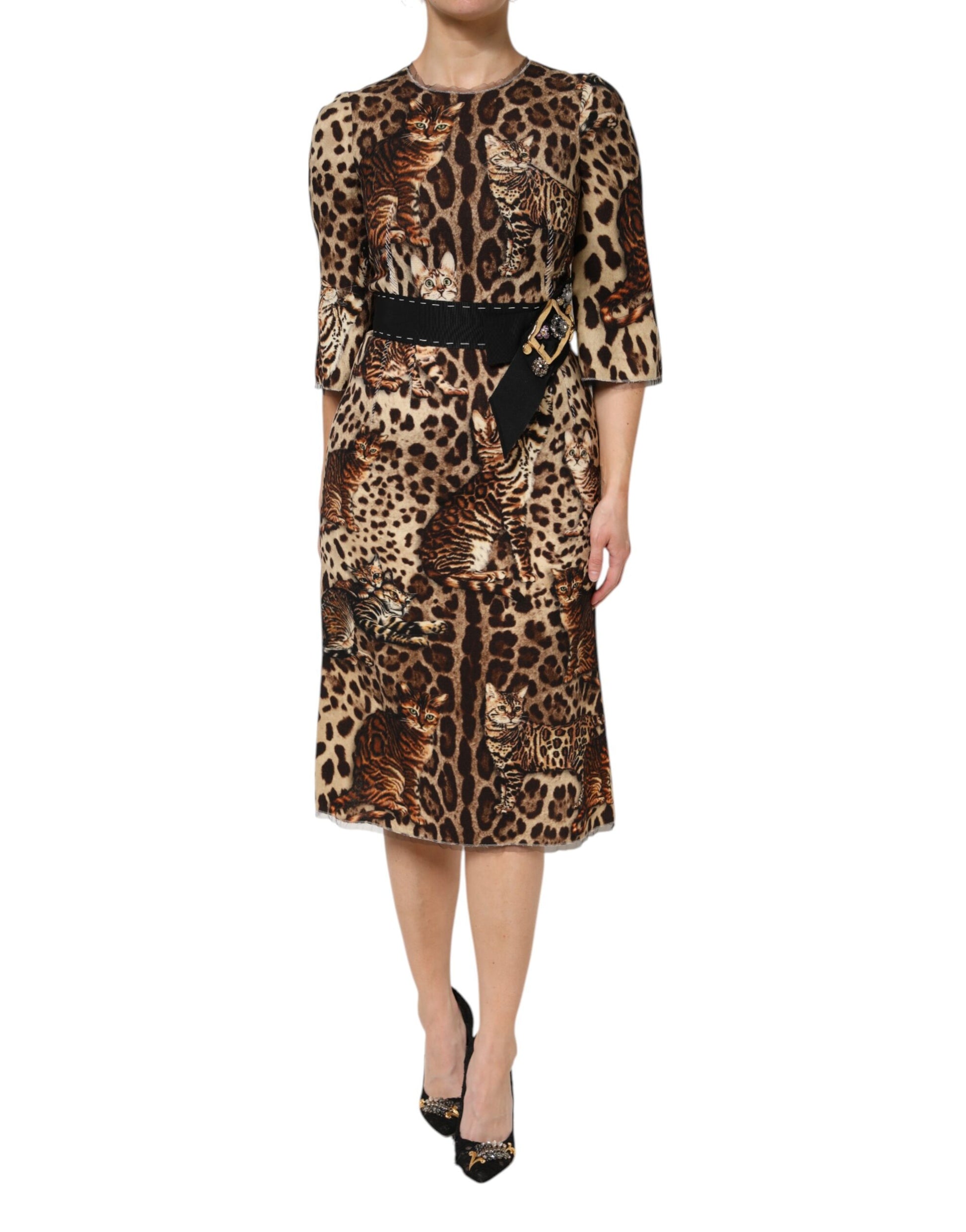 Brown Leopard Print Belted A-line Midi Dress