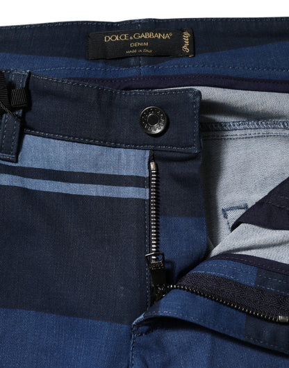 Blue Striped Cotton Stretch Denim Jeans