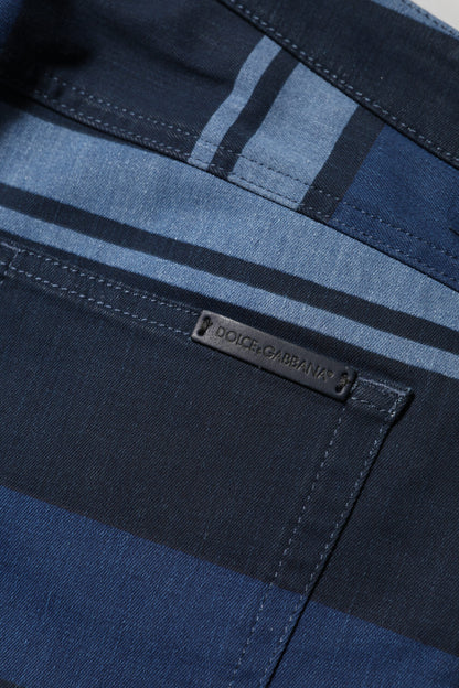 Blue Striped Cotton Stretch Denim Jeans