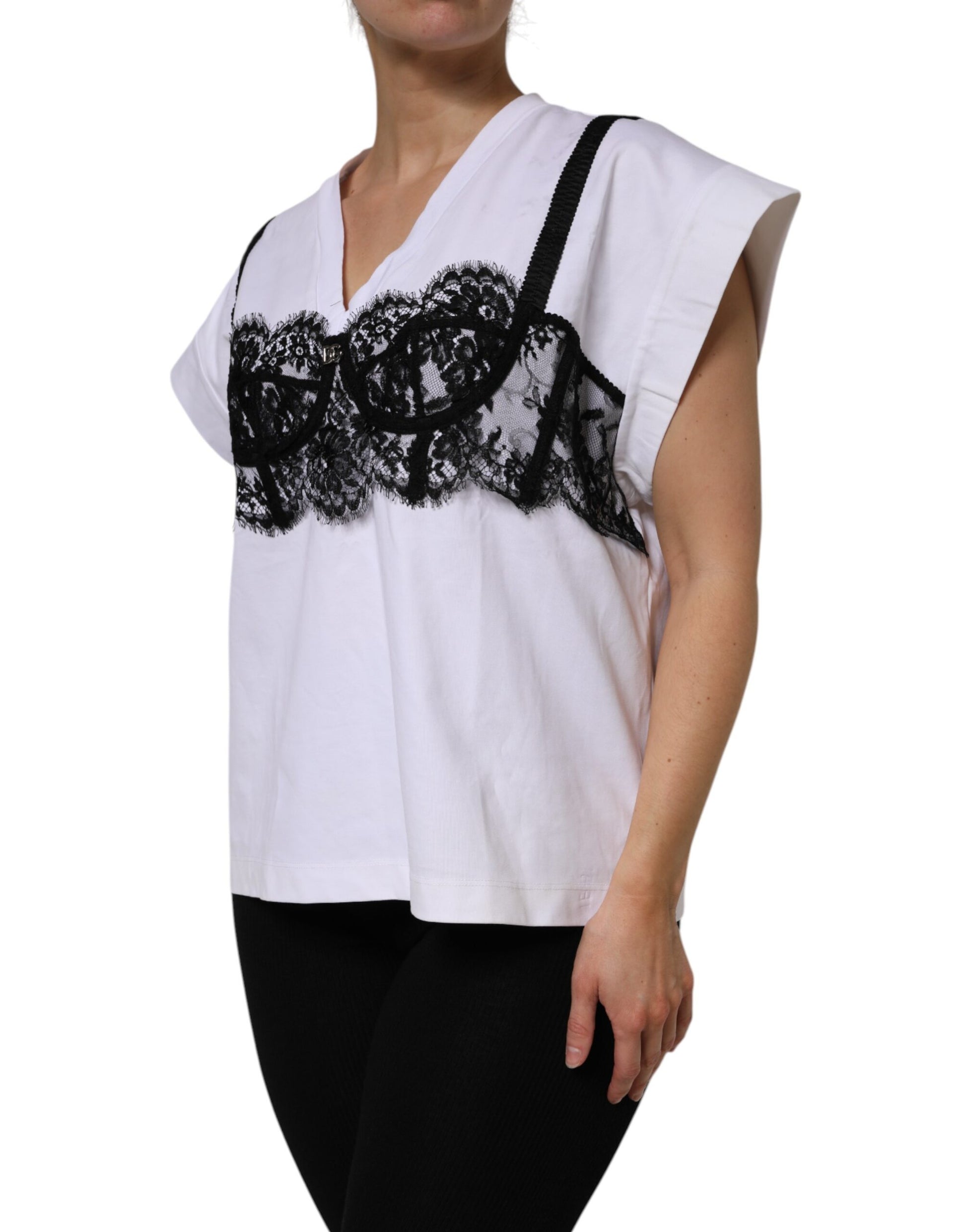 White Lace Cotton V-Neck Short Sleeves Top