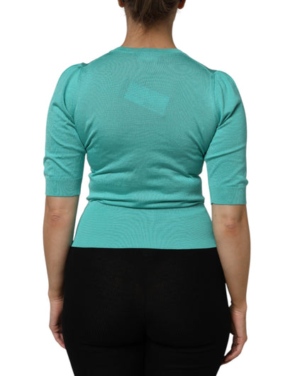 Aqua Blue Silk Short Sleeves Square Neck Top