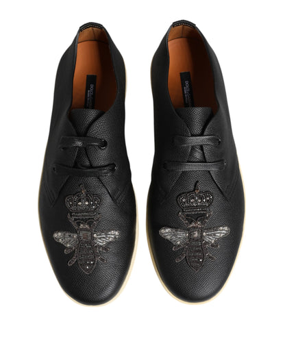 Black Leather Bee Crown Low Top Sneakers Shoes