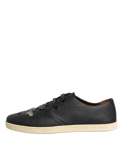 Black Leather Bee Crown Low Top Sneakers Shoes