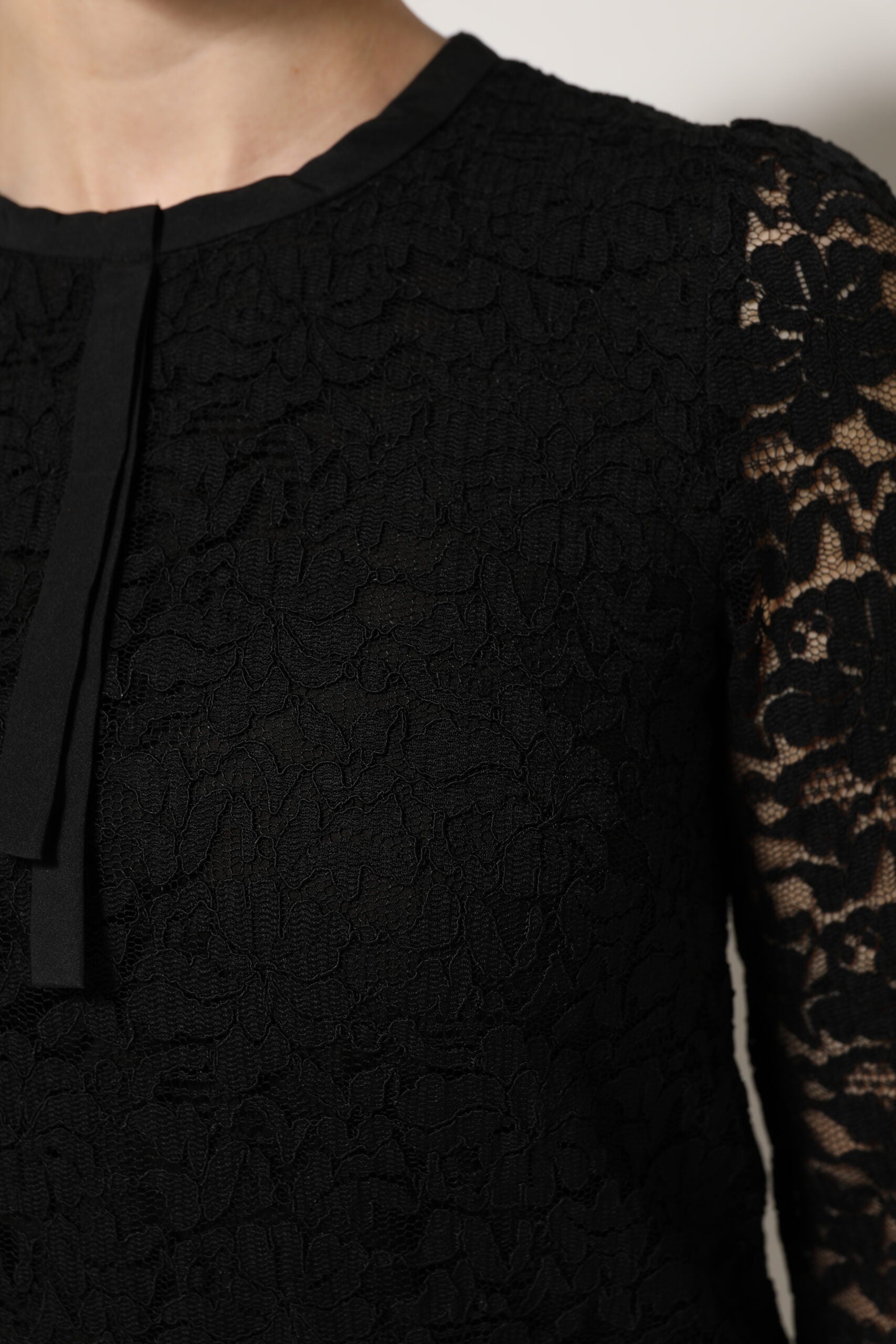 Black Nylon Lace Long Sleeve Blouse Top