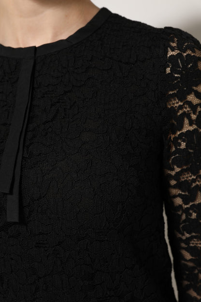 Black Nylon Lace Long Sleeve Blouse Top