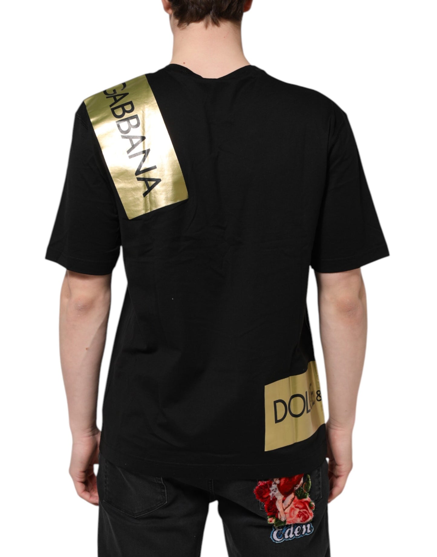 Black Logo Tape Cotton Men Crew Neck T-shirt