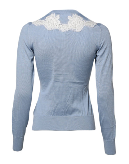 Blue Floral Lace Detailing Cardigan Sweater