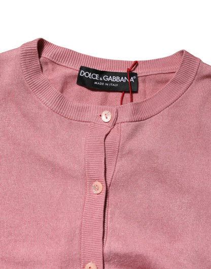 Pink Silk Cropped Crew Neck Cardigan Sweater