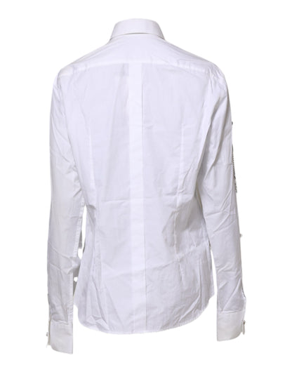 White Crystal Embellished Collared Shirt Top