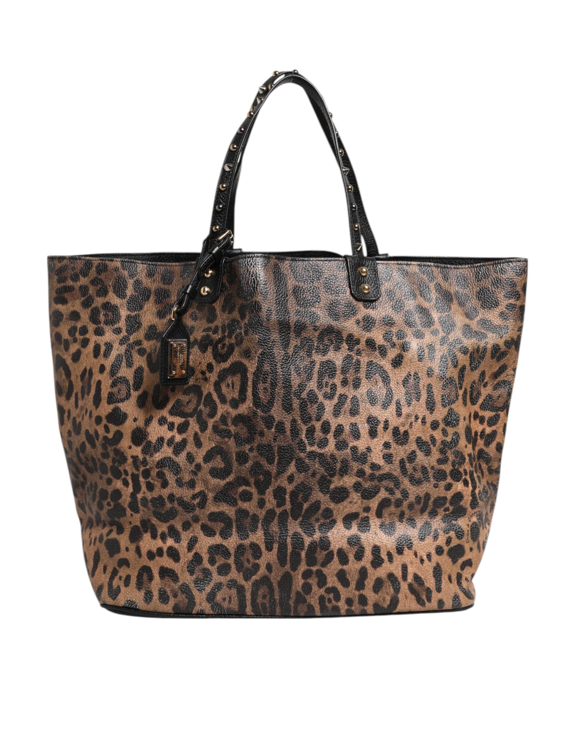 Brown Leopard BEATRICE Leather Logo Plaque Tote Bag