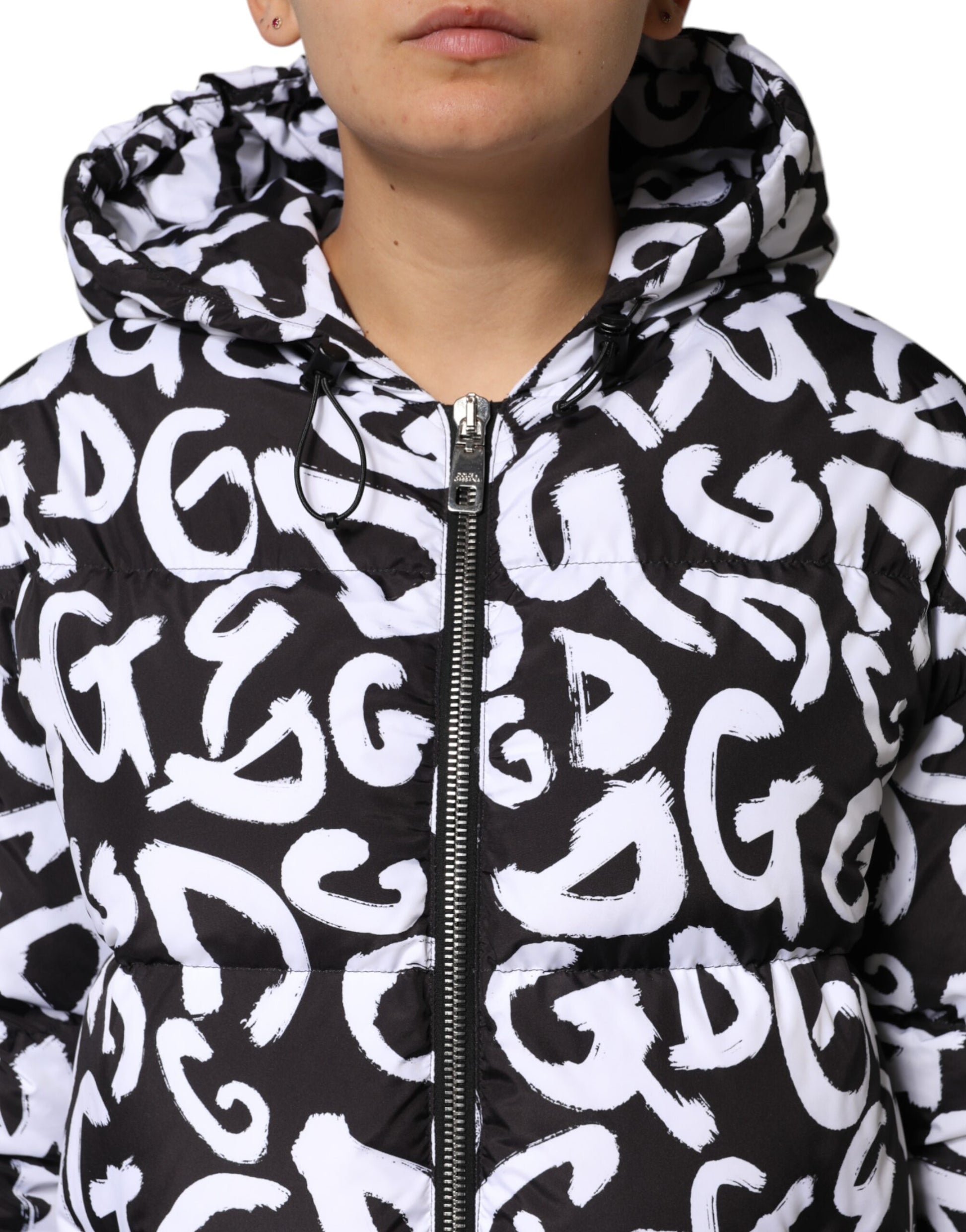 Black White DG Mania Hooded Long Coat Jacket