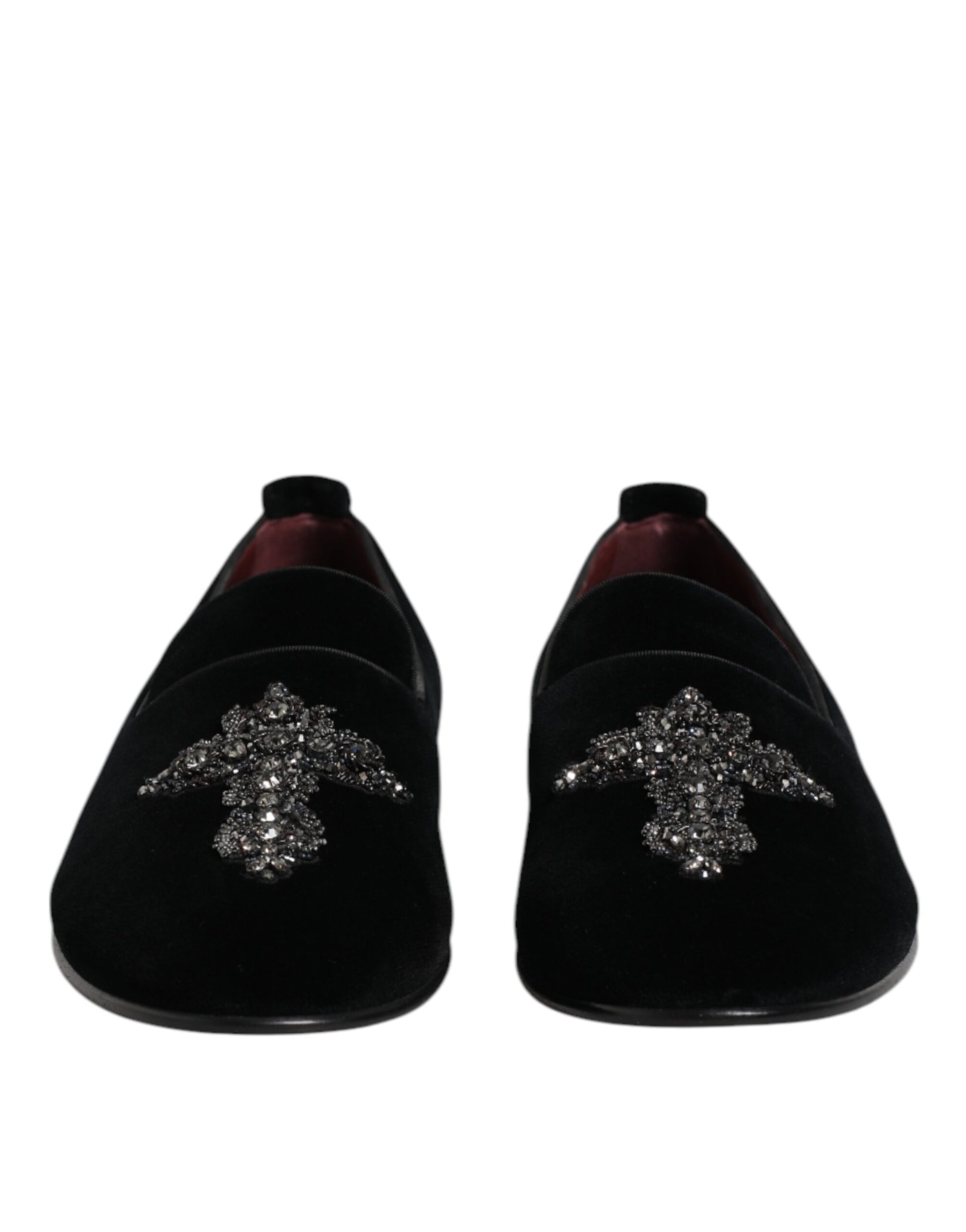 Black Velvet Embellished Loafer Slip On Shoes