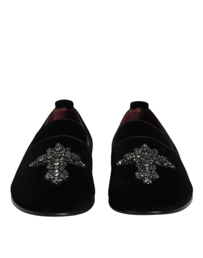 Black Velvet Embellished Loafer Slip On Shoes