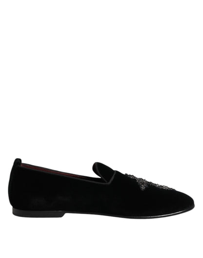 Black Velvet Embellished Loafer Slip On Shoes