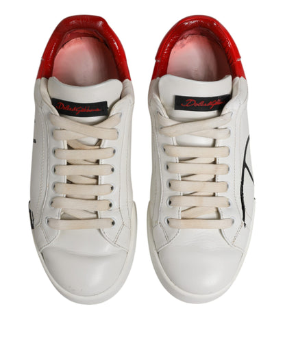 White Red Leather Logo Low Top Sneakers Shoes