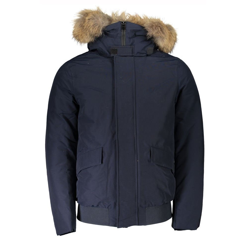 Blue Cotton Men's Jacket with Removable Hood
