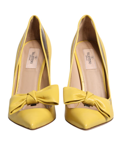 Yellow Patent Leather PVC Bow Heels Pumps Shoes