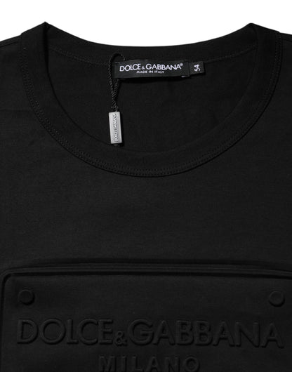 Black Embossed Logo Cotton Crew Neck T-shirt