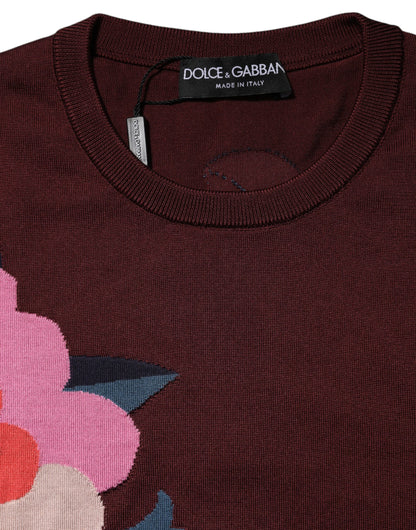 Maroon Floral Silk Crew Neck Blouse Top
