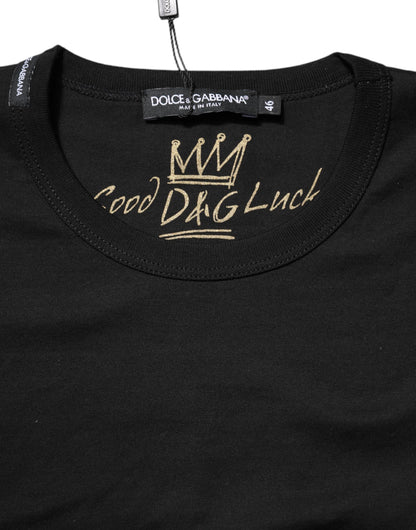 Black Cotton Goodluck Tee Crew Neck T-shirt