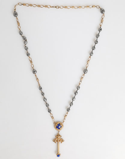 Gold Tone Beaded Chain Religious Cross Necklace