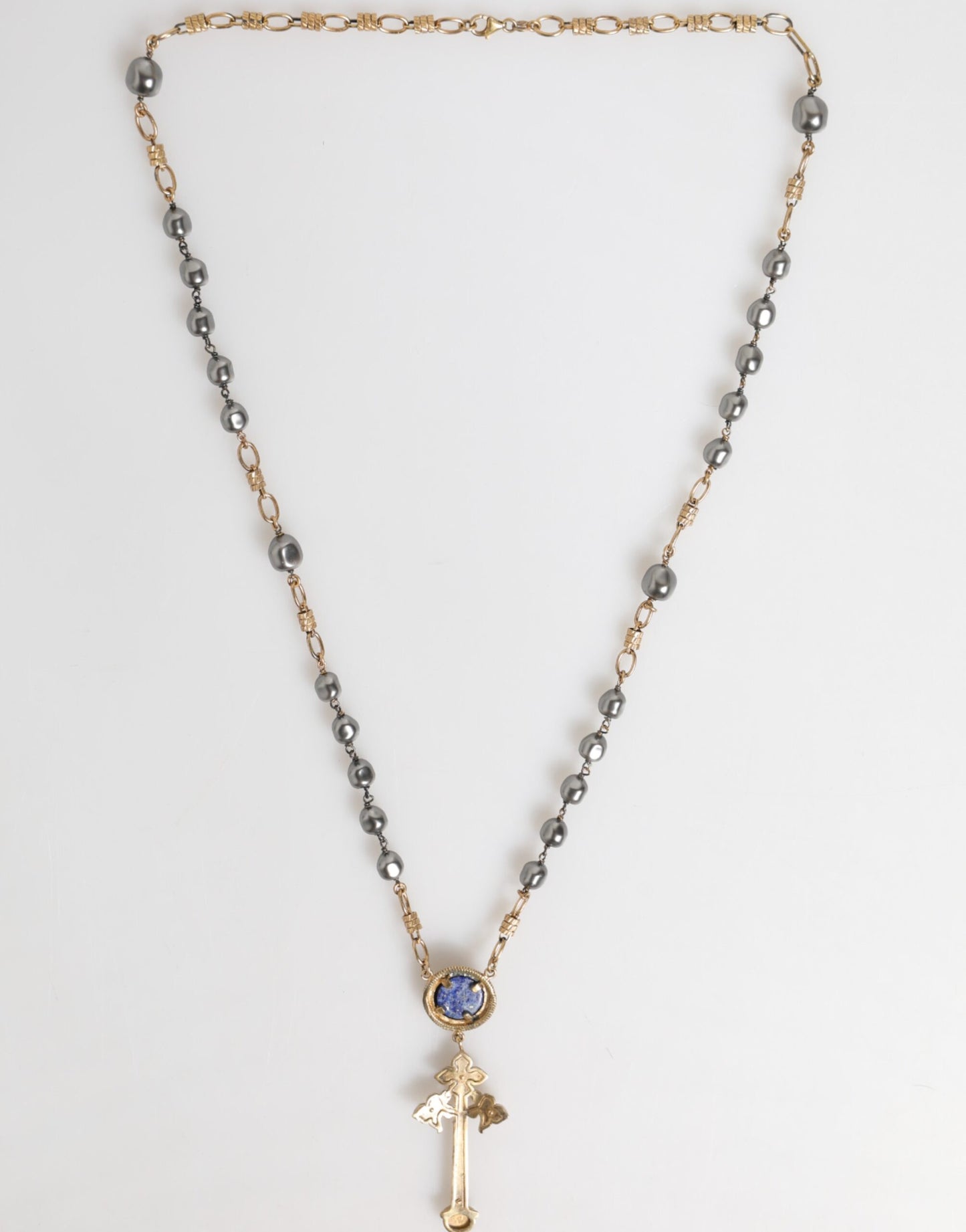 Gold Tone Beaded Chain Religious Cross Necklace